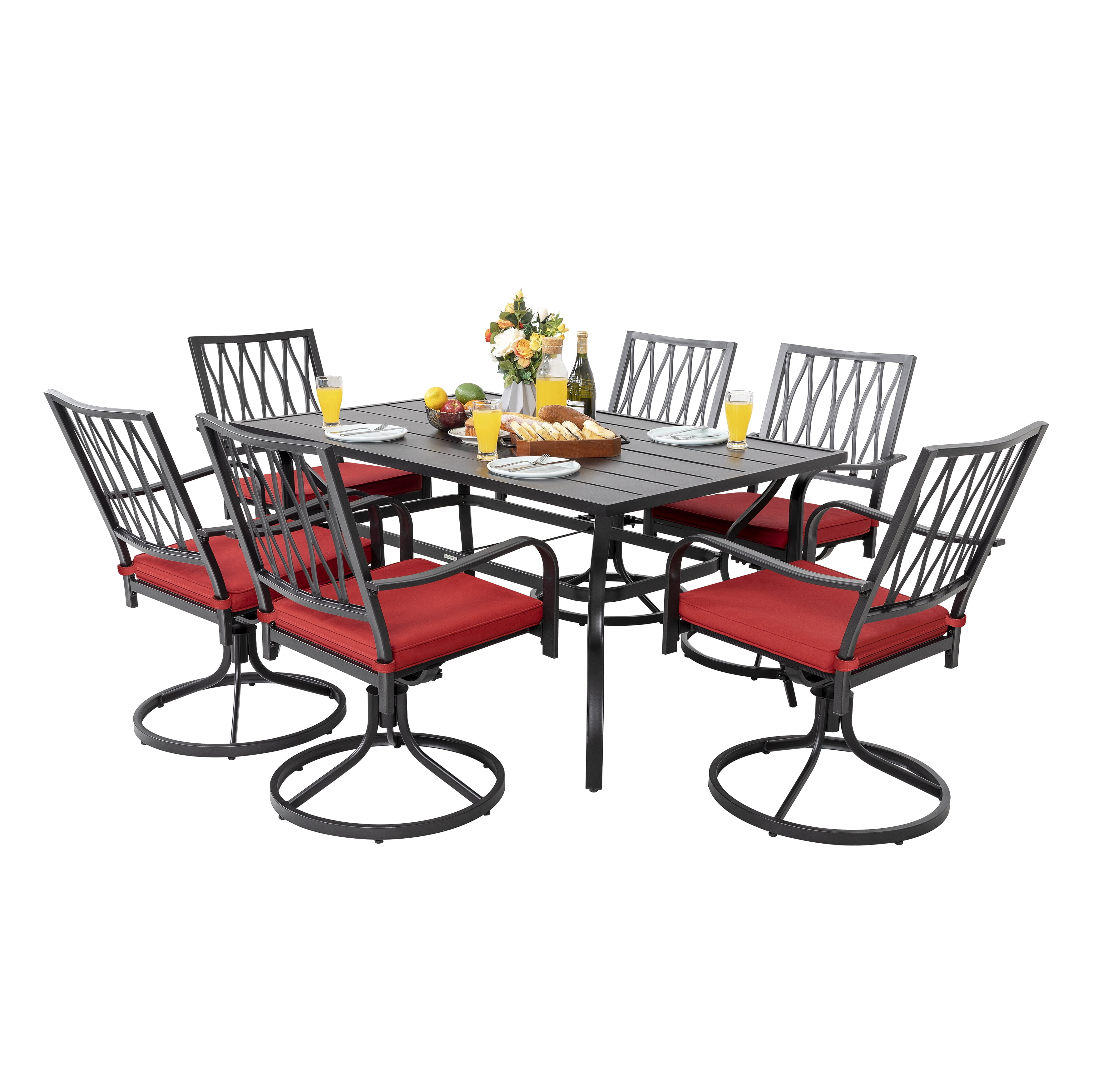 Nuu Garden 7 Piece Outdoor Patio Metal Dining Set with Swivel Cushioned Chairs & Rectangle Table for 6-Person,Black and Red Cushion