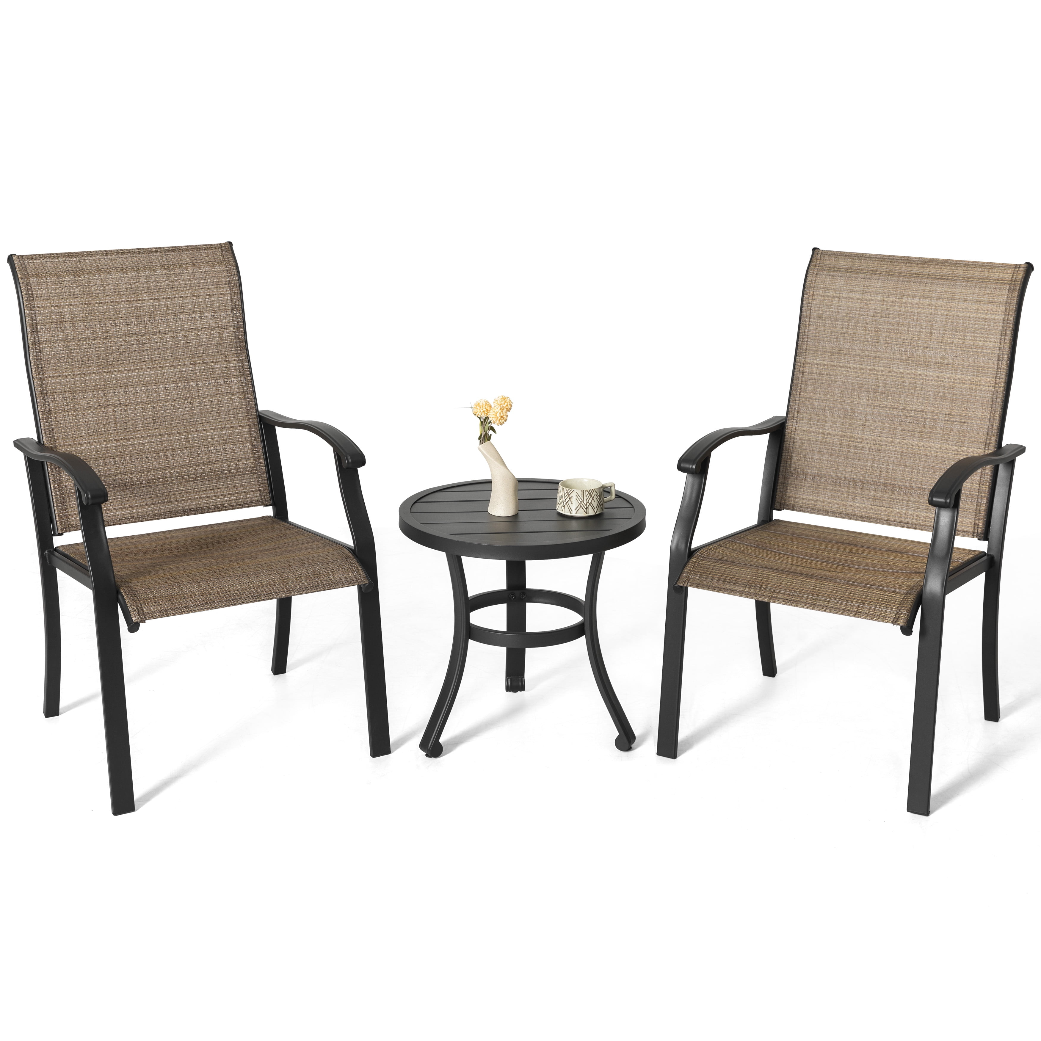 Nuu Garden Outdoor 3-Piece Iron Bistro Set, 2 Textilene Bistro Chairs and 20 Inch Round Slatted Bistro Table
