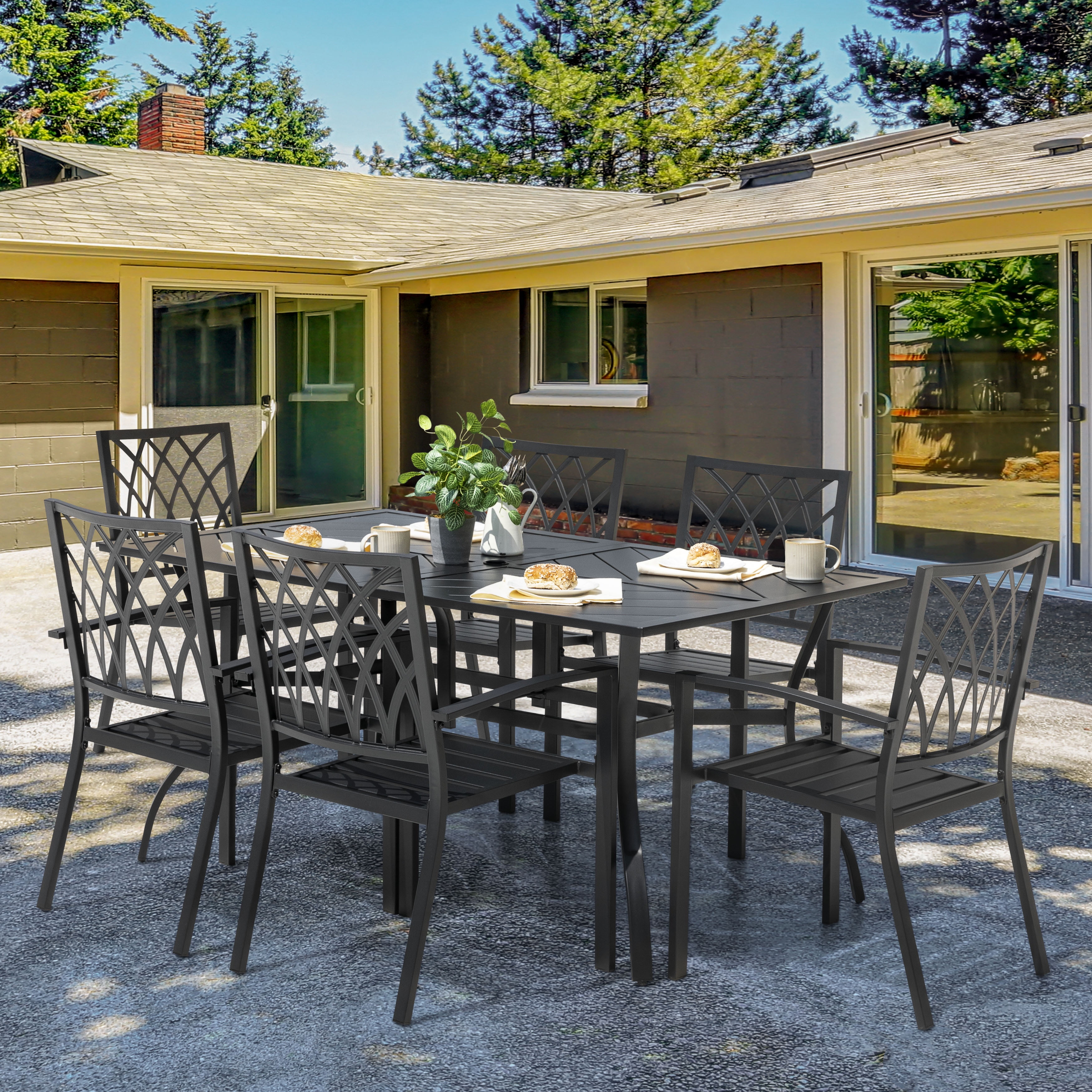 Nuu Garden Outdoor 7-Piece Iron Dining Set with 1.77'' Umbrella Hole