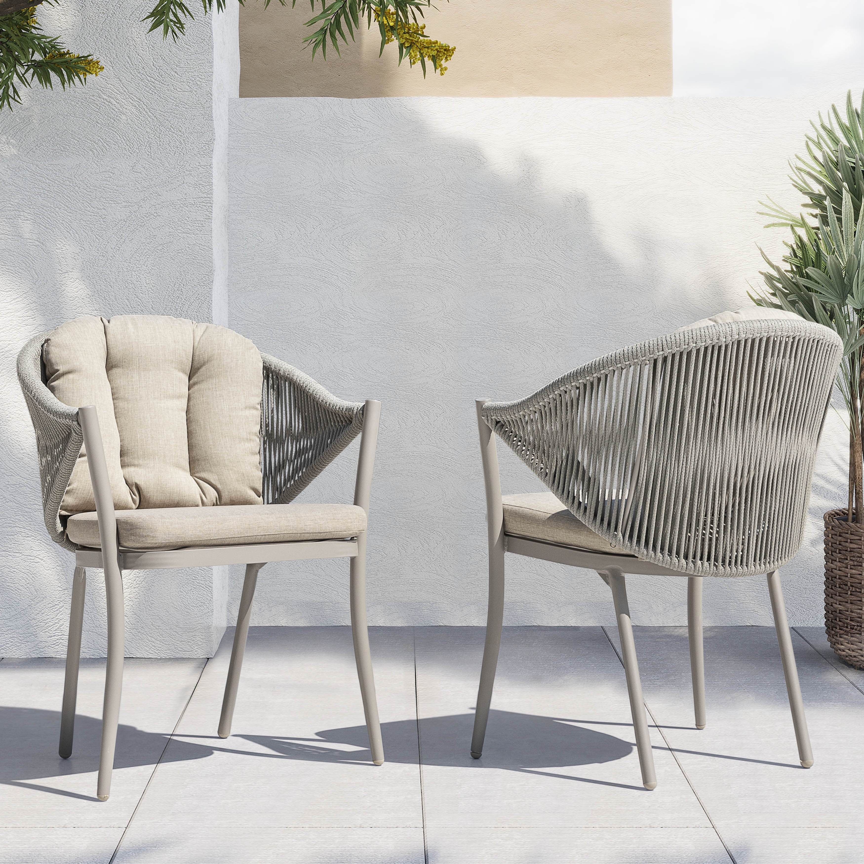 Nuu Garden Patio Dining Chairs Set of 2, Woven Rope Outdoor Dining Chairs, All-Weather Aluminum Arm Chairs with Cushions, No Assembly Light Grey
