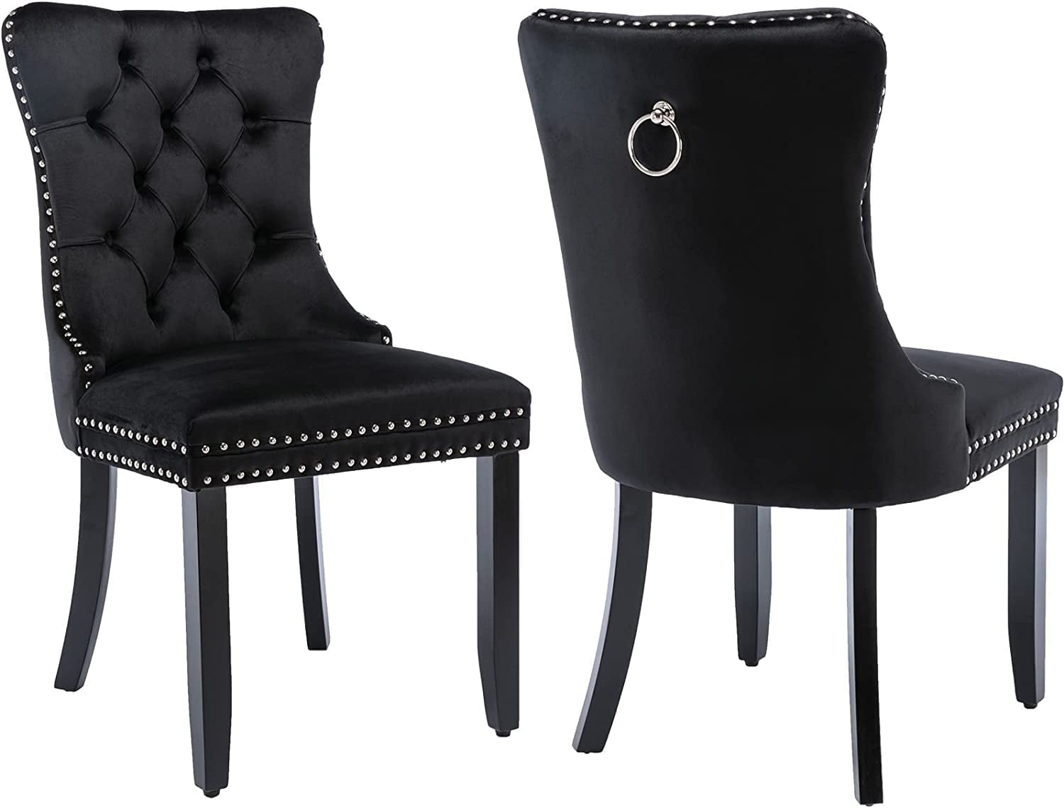 ODUSE-DAILY Black Velvet Dining Chairs Set of 2, Kitchen & Dining Room Chairs, Sillas De Comedor, Nailheads Tufted, Velvet Upholstered, Solid Wood (Black, 2 Pcs)