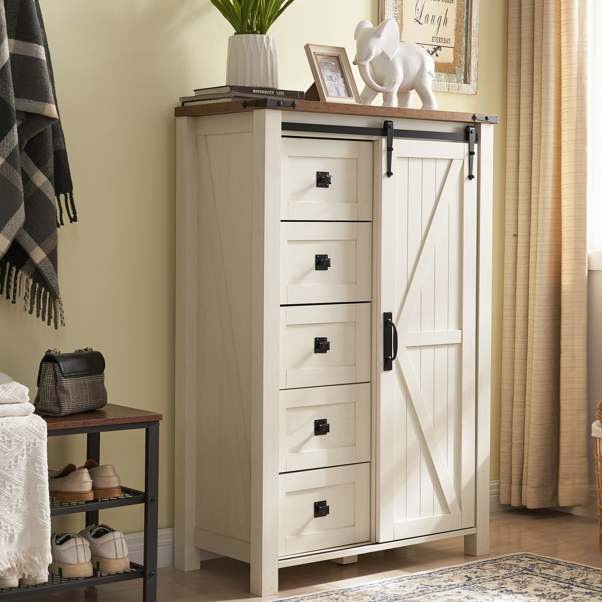 OKD 5 Drawer Dresser with Sliding Barn Door, Farmhouse Modern Storage Cabinet for Bedroom, Chest of Drawers Wood Organizer for Living Room, Antique White