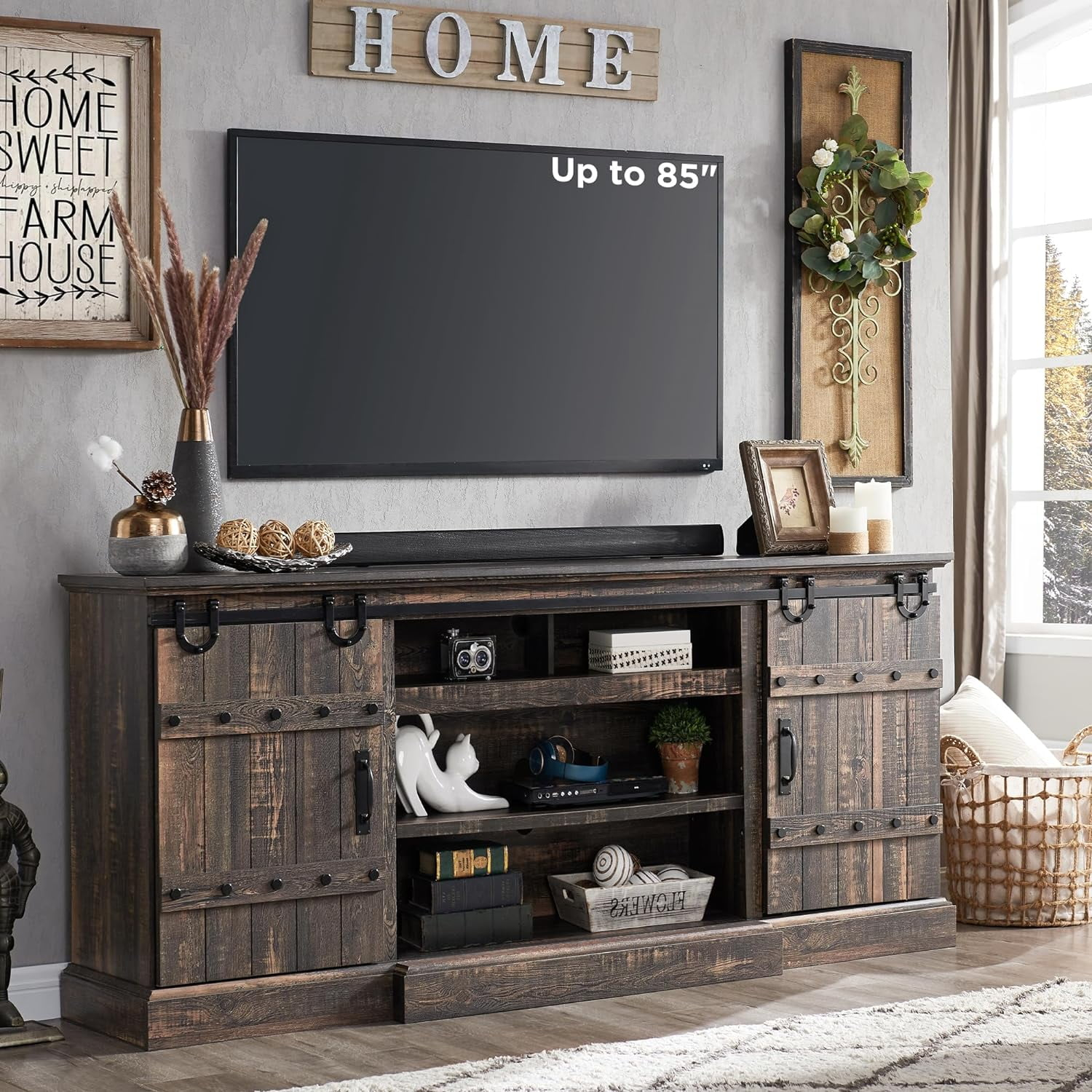 OKD 75" Wide Farmhouse Barn Door TV Stand for TVs up to 85", Entertainment Center with Wood Barn Door Storage Console, Dark Rustic Oak