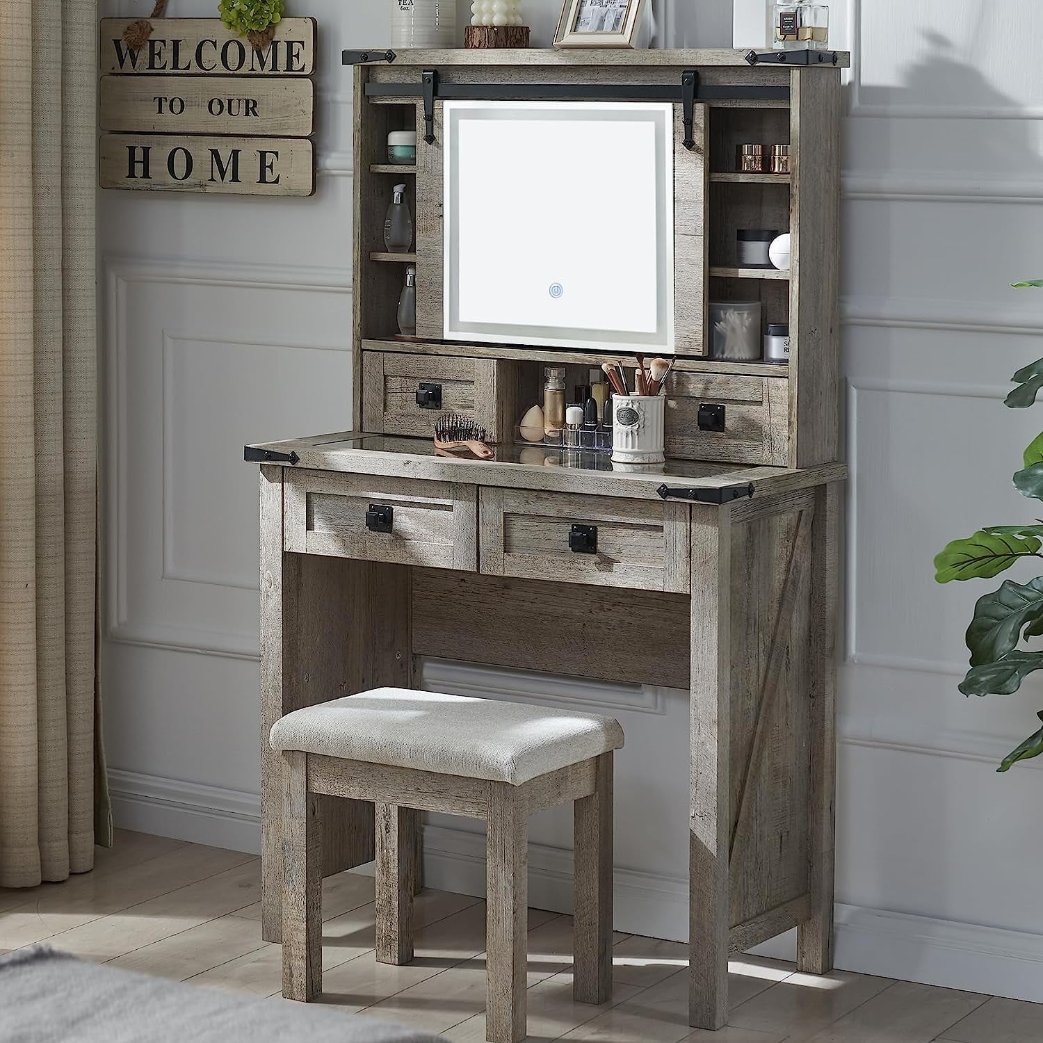 OKD Farmhouse Rustic Makeup Vanity Desk with Sliding Mirror and Lights, Glass Top Vanity Set with Charging Station, 4 Drawers & 1 Cabinet, Includes Stool - Big Vanity for Bedroom, Light Rustic Oak