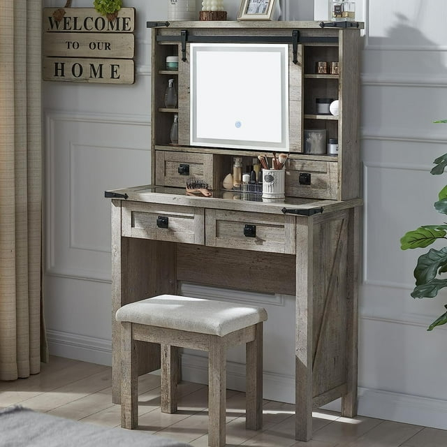 OKD Farmhouse Rustic Makeup Vanity Desk with Sliding Mirror and Lights, Glass Top Vanity Set with Charging Station, 4 Drawers & 1 Cabinet, Includes Stool - Big Vanity for Bedroom, Light Rustic Oak