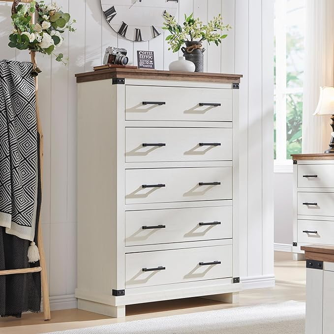 OKD Farmhouse 5 Drawers Dresser for Bedroom, Wood Tall Chest of Drawers with Thick Plank Styling, Rustic Closet Dresser for Bedroom, Living Room, Antique White