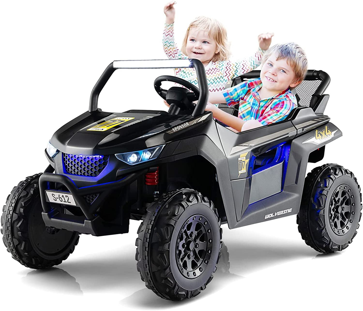 OLAKIDS 2 Seater Kids Ride On UTV, 12V Electric Truck Car with Remote Control, Children Battery Powered Vehicle with Music, 4 Wheels Suspension, Bluetooth, MP3, USB, FM, Horn (Dark)