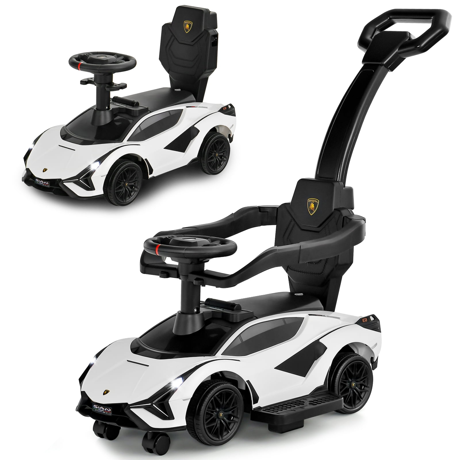 OLAKIDS 3 In 1 Ride on Push Car, Licensed Lamborghini Stroller Sliding Walking Car with Push Handle, Music, USB, Headlight, Under Seat Storage, Kids Foot-to-Floor Toy for 18-60 Months