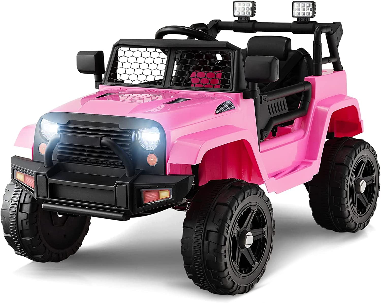 OLAKIDS Kids Ride On Truck, 12V Electric Vehicle Jeep Car with Remote Control, Toddlers Battery Powered Toy with 2 Speeds, Spring Suspension, Double Open Doors, LED Lights, Music, USB, Mp3 (Pink)