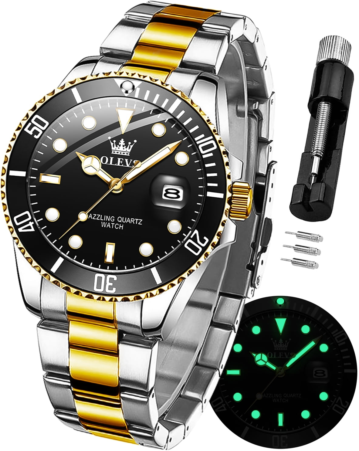 OLEVS Men Watch,Big Dial Watches for Men Stainless Steel Watch with Day Waterproof Analog Quartz Watches for Man Classic Business Wristwatch Luxury Luminous Round for Men Rotatable Bezel Watch