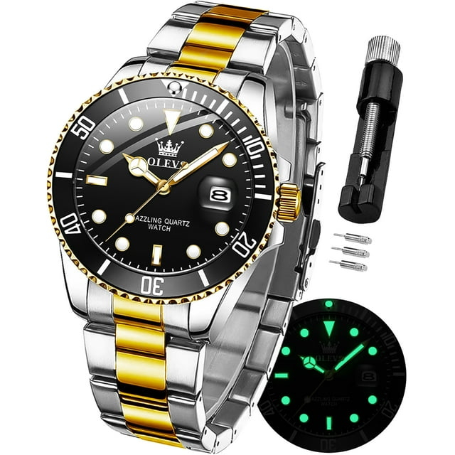 OLEVS Men Watch,Big Dial Watches for Men Stainless Steel Watch with Day Waterproof Analog Quartz Watches for Man Classic Business Wristwatch Luxury Luminous Round for Men Rotatable Bezel Watch