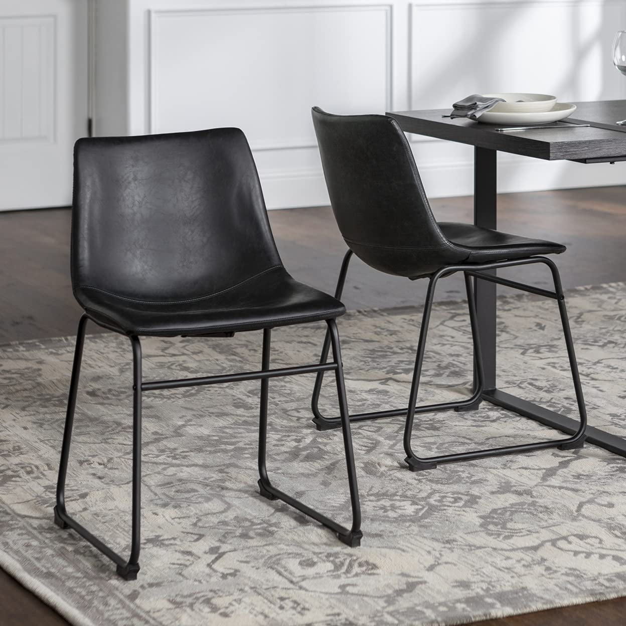 ONKER  Douglas Urban Industrial Faux Leather Armless Dining Chairs, Set of 2, Black