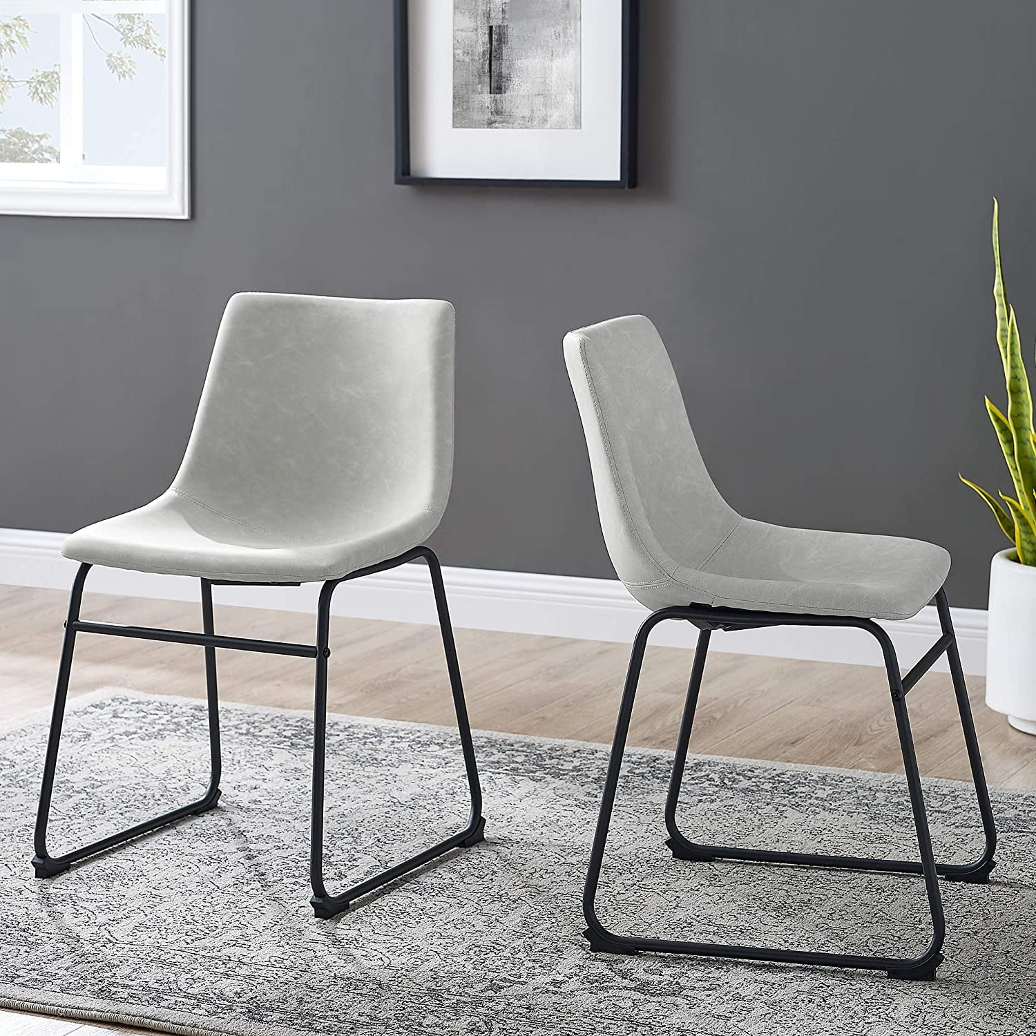 ONKER  Douglas Urban Industrial Faux Leather Armless Dining Chairs, Set of 2, Grey