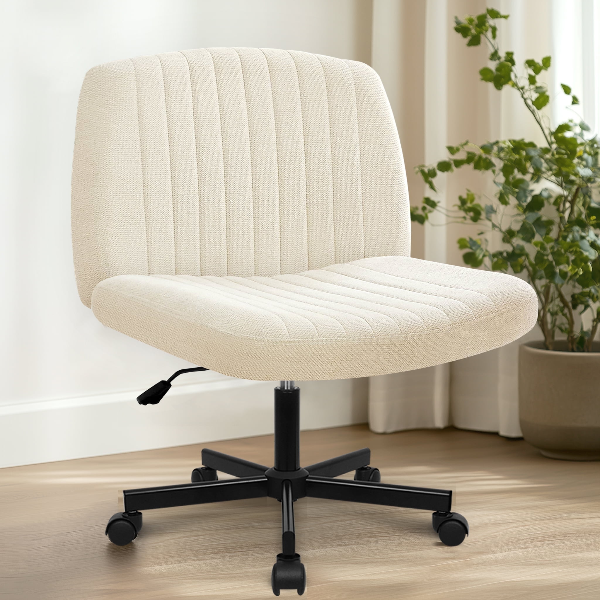 ORANGE FACTORY Criss Cross Legged Home Desk Chair Wide Armless with Wheels Swivel Padded Fabric Chair, Beige