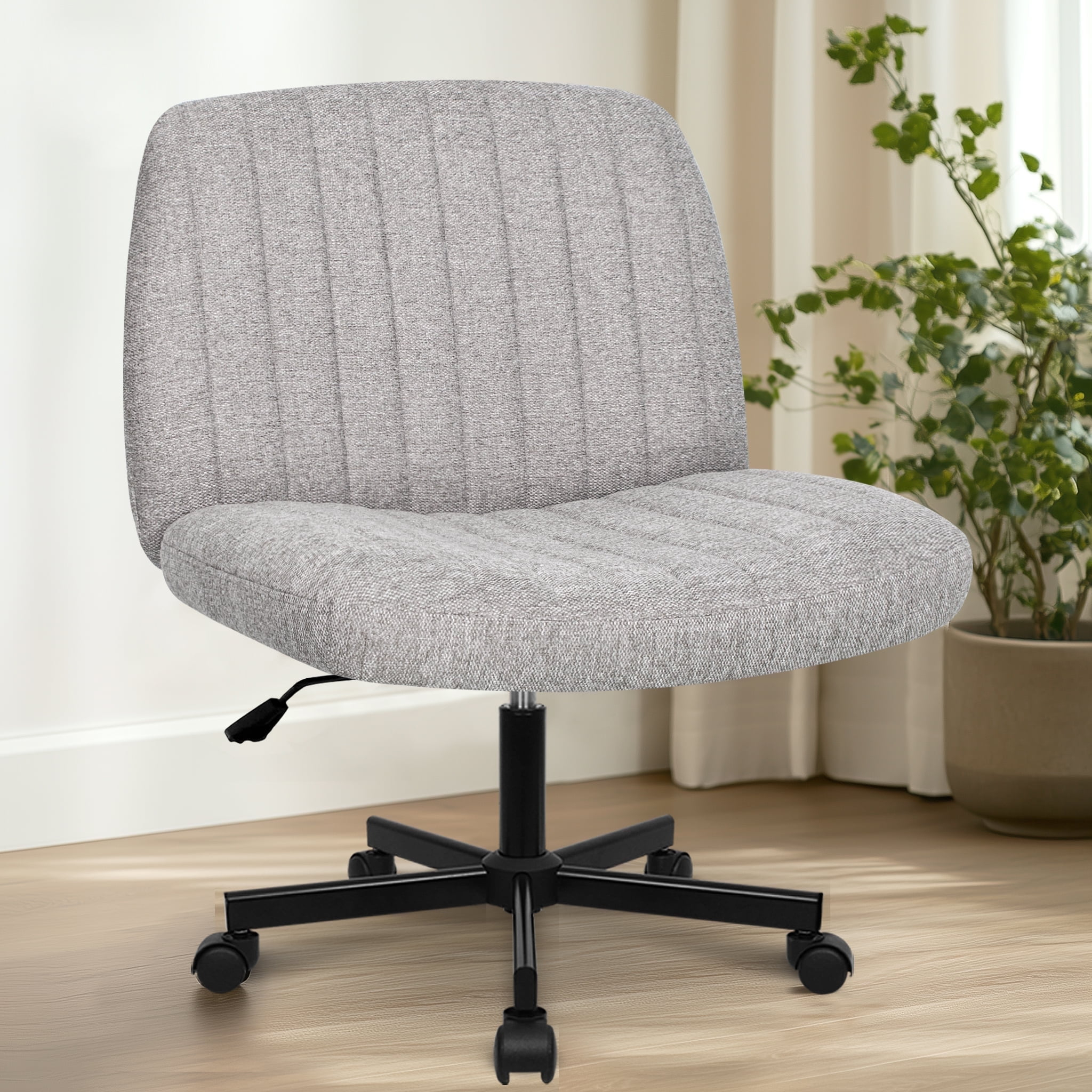 Orange Factory Criss Cross Chair with Wheels, Armless Cross Legged Office Desk Chair, Wide Comfy Vanity Rolling Swivel Modern Comfortable Fabric Computer Task Chairs for Home Office (Grey)