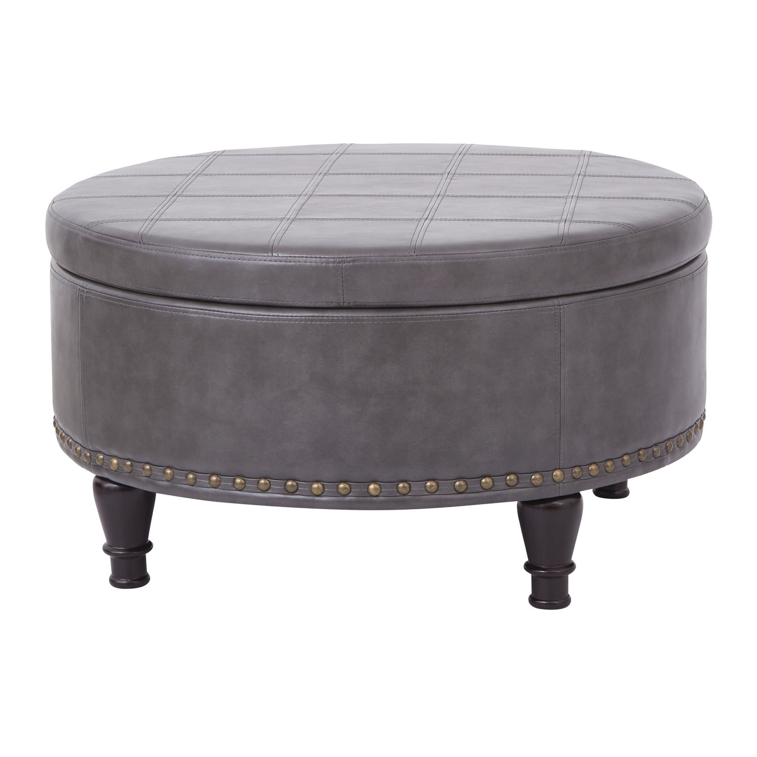 OSP Home Furnishings Augusta Round Storage Ottoman in Pewter Bonded Leather with decorative nailheads