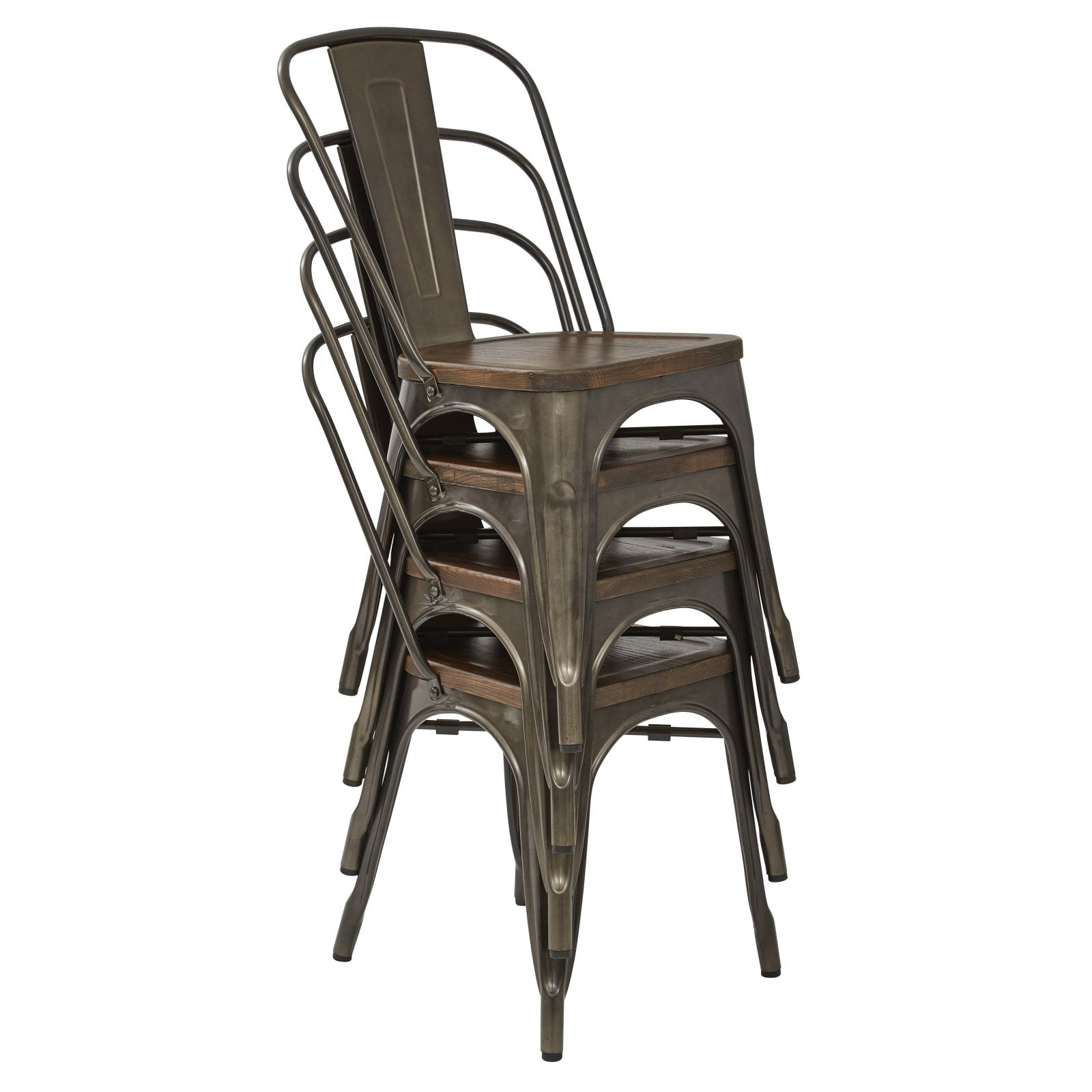 OSP Home Furnishings Indio Metal Chair with Vintage Ash Walnut Wood Seat and Matte industrial steel Finish Frame 4 Pack