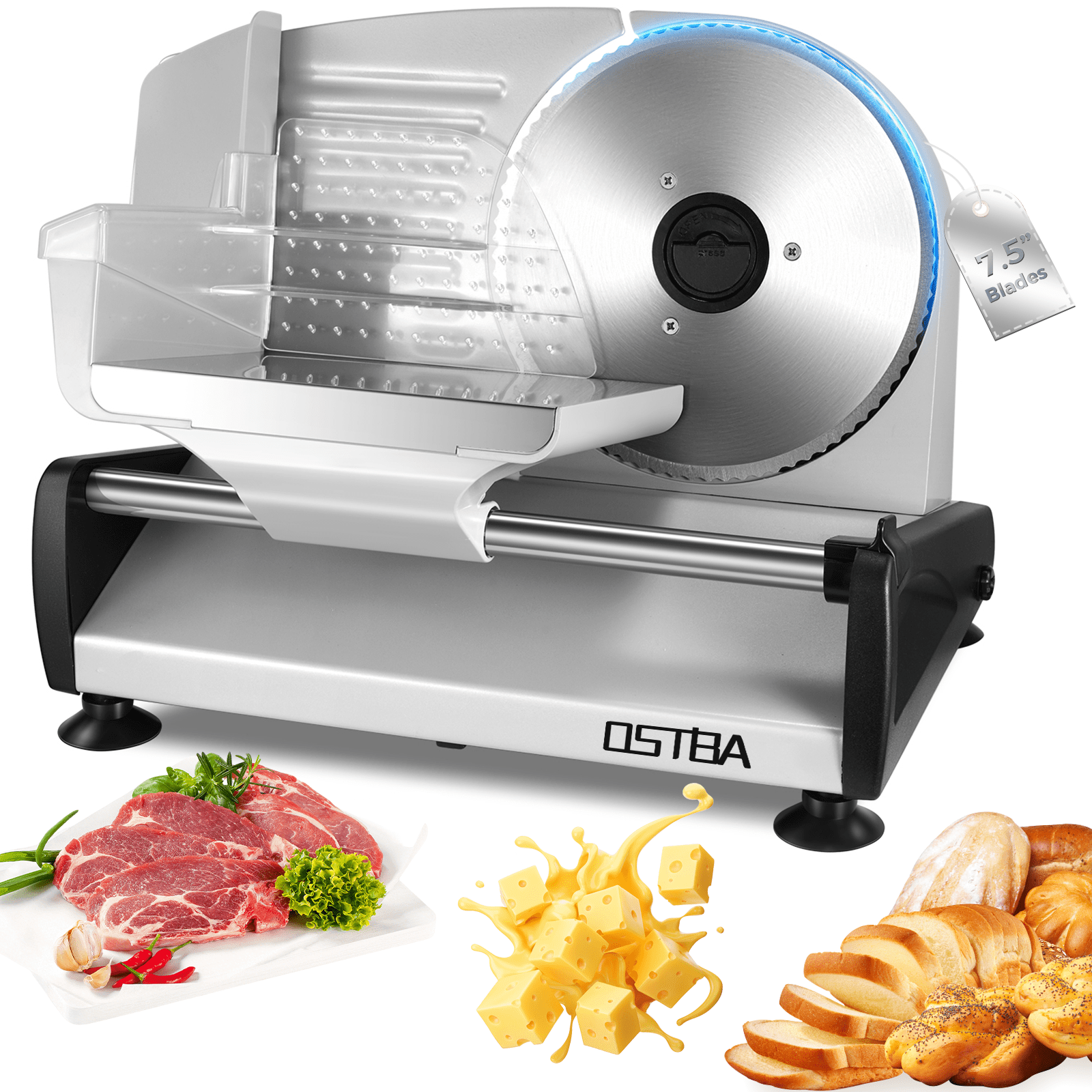 OSTBA Meat Slicer, Electric Deli Food Slicer with Removable Stainless Steel Blades, Adjustable Thickness Meat Slicer for Home Use, Easy to Clean, Ideal for Cold Cuts, Cheese, Bread, Fruit
