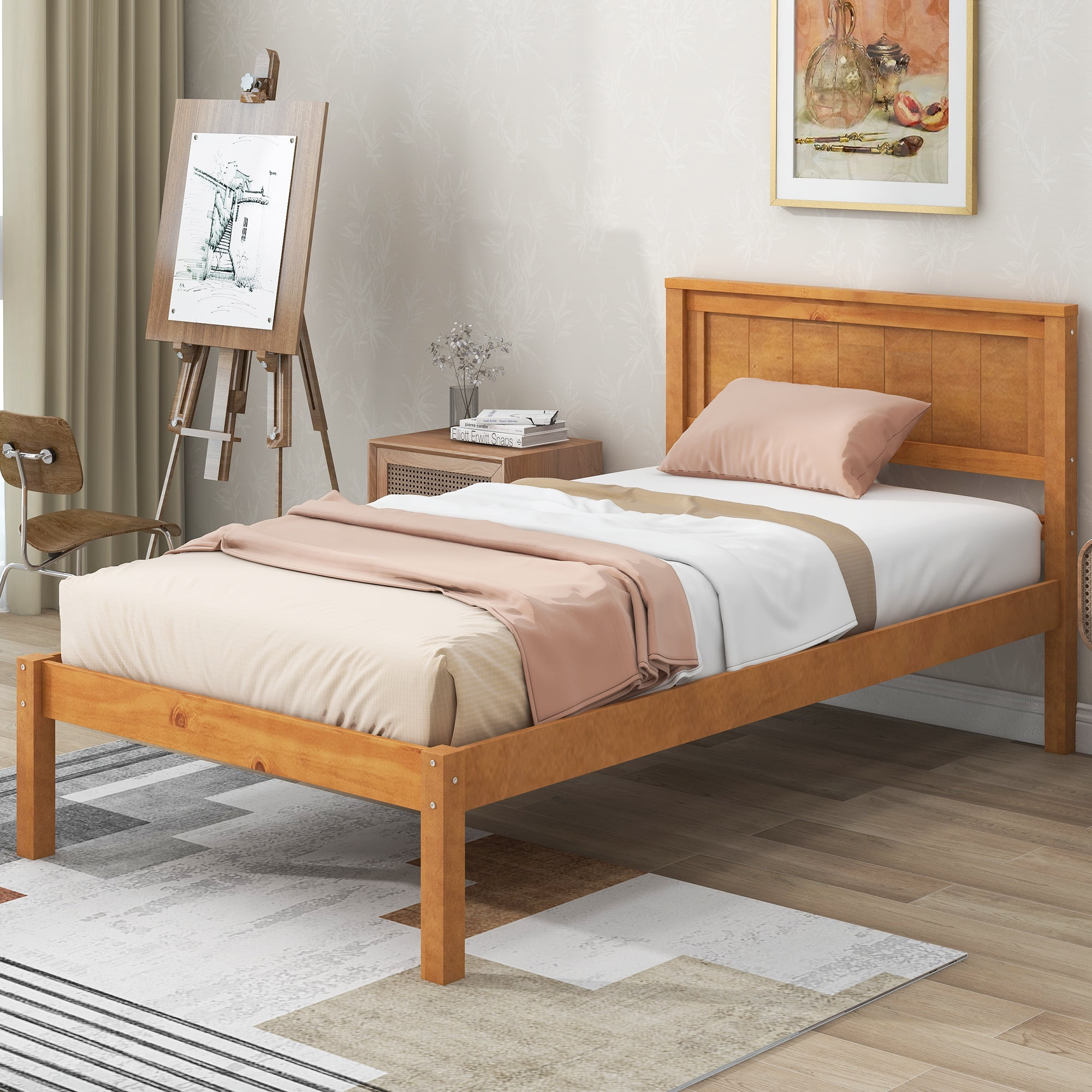 Oak Twin Platform Bed Frame with Headboard and Wood Slats
