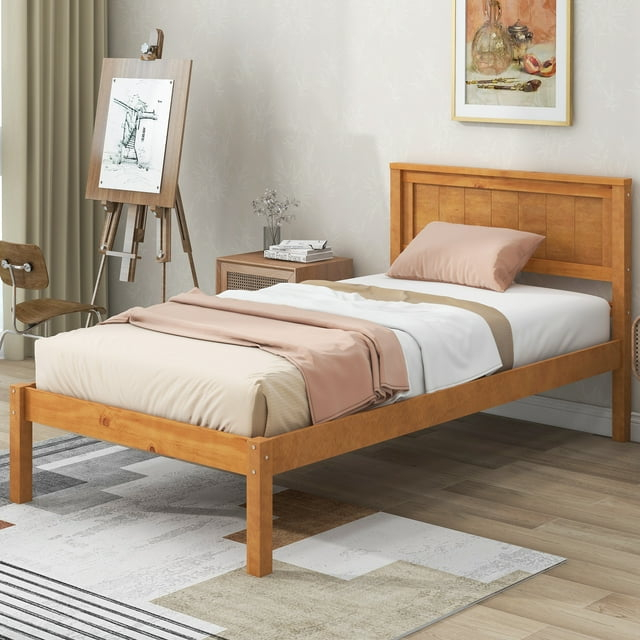 Oak Twin Platform Bed Frame with Headboard and Wood Slats