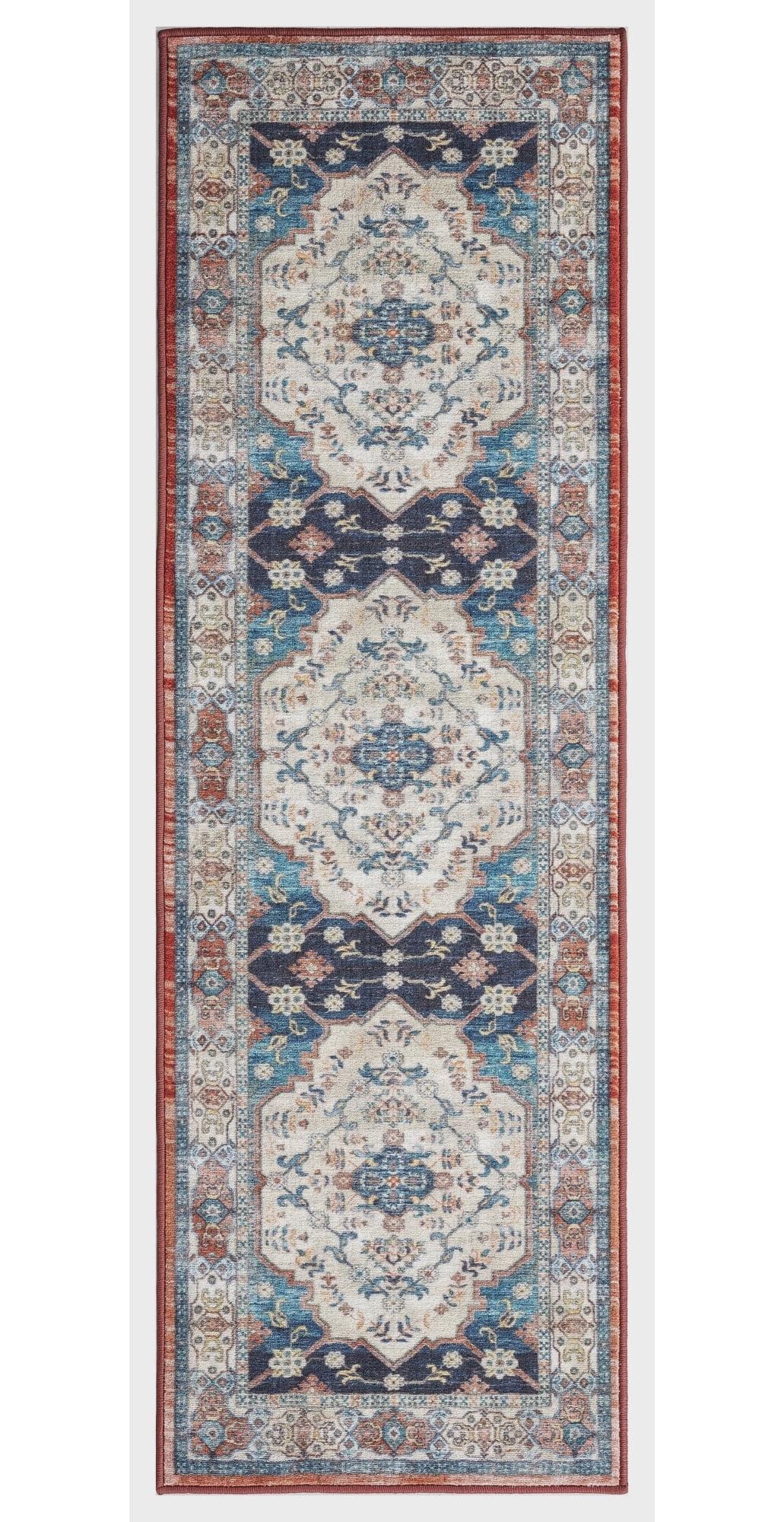 Ocean Medallion Navy 3 ft. x 9 ft. Machine Washable Traditional Indoor Area Rug