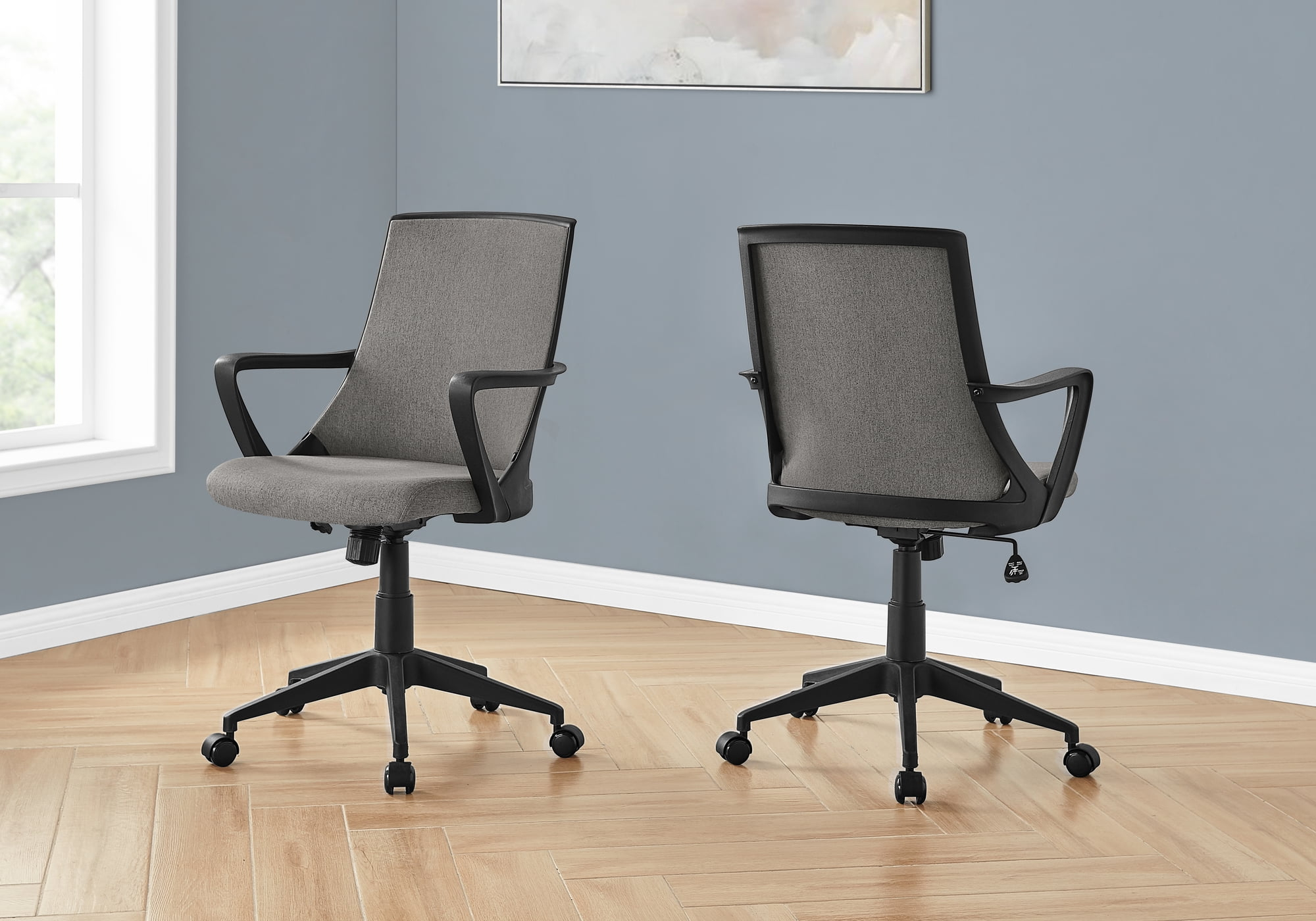 Office Chair - Mid-Back / Fixed Armrests / Fabric Back - Adjustable Height - Dark Grey Fabric / Black