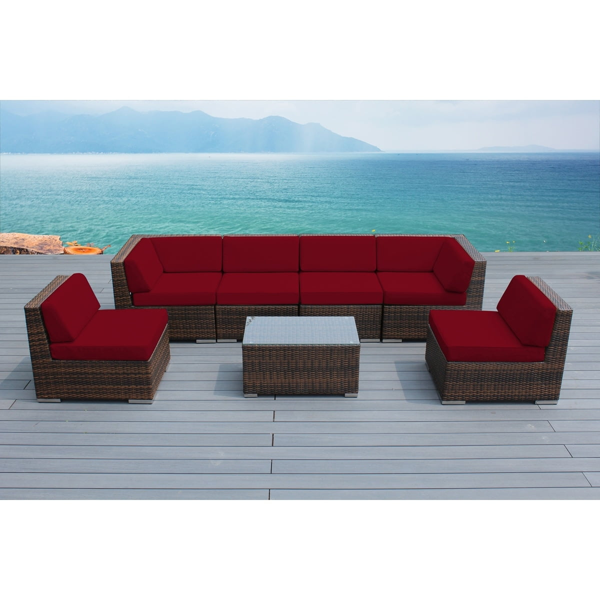 Ohana Depot Ohana Outdoor Patio 7 Piece Mixed Brown Wicker Sectional with Cushions - No Assembly Red
