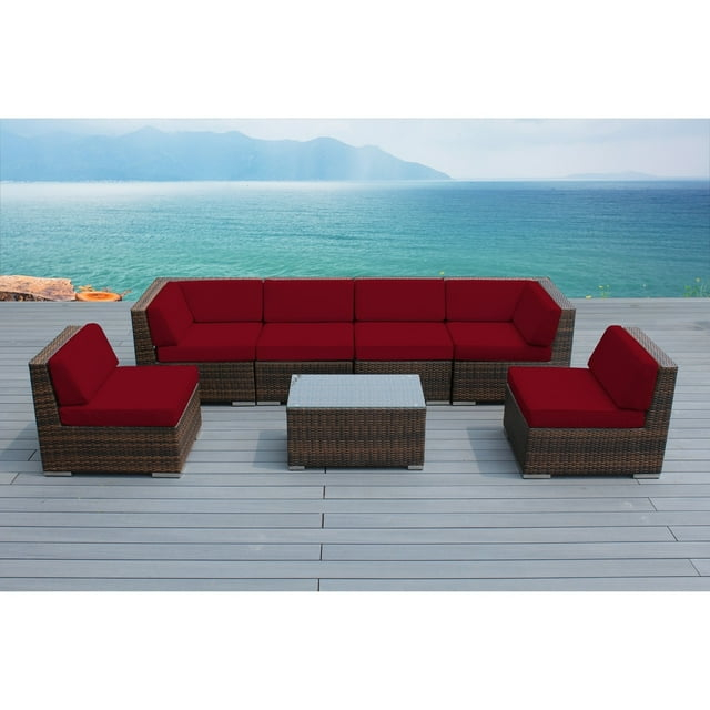 Ohana Depot Ohana Outdoor Patio 7 Piece Mixed Brown Wicker Sectional with Cushions - No Assembly Red