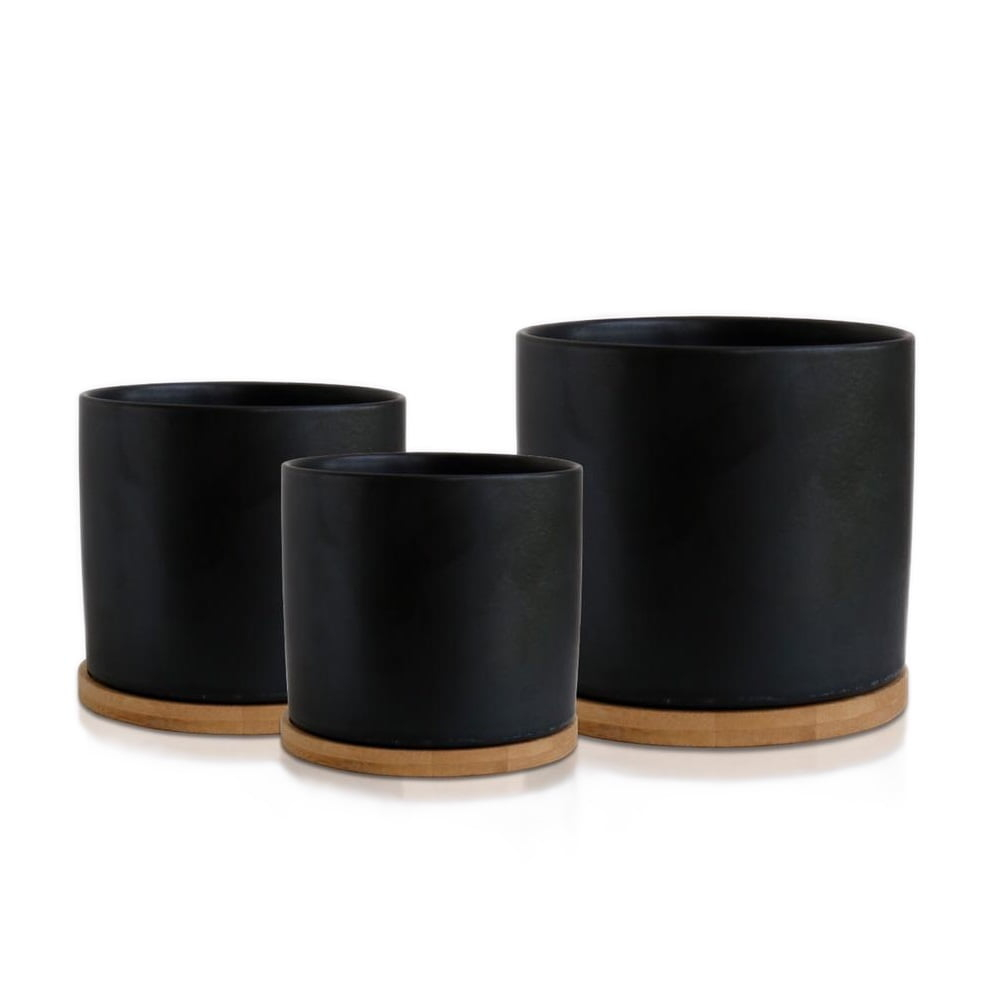 Olly & Rose Black Set 3 Ceramic Plant Pots with Bamboo Coasters Indoor Planters with Saucers