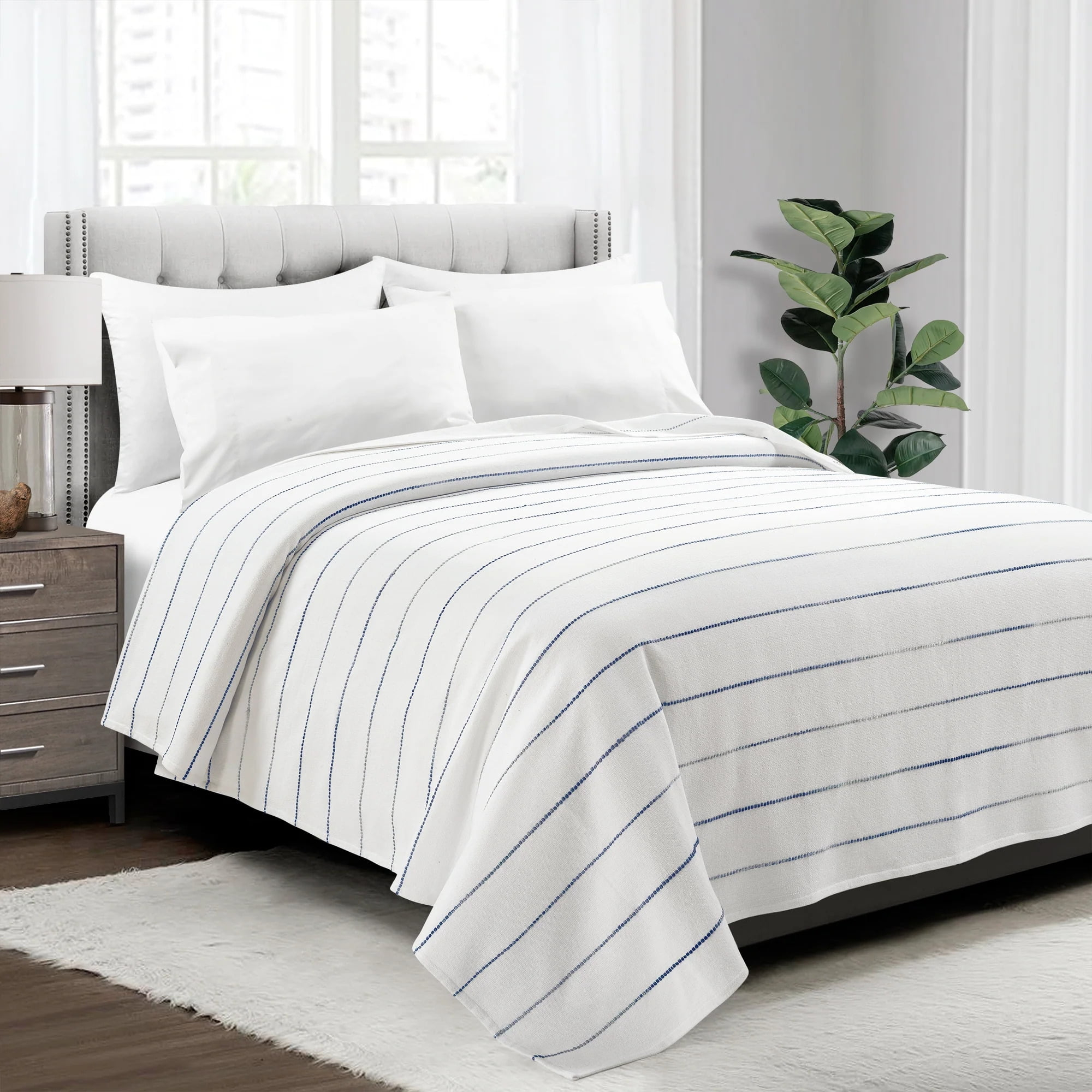Ombre Stripe Yarn Dyed Cotton Oversized Blanket/Coverlet Navy/Multi Single Full/Queen