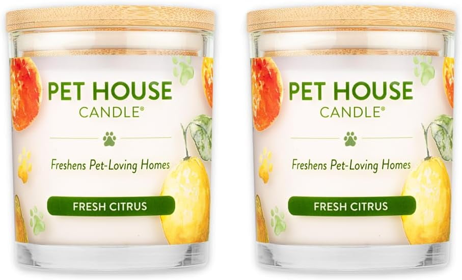 One Fur All Pet House Candle - Fresh Citrus Pack of 2-100% Plant-Based Wax Candle - Pet Odor Eliminator for Home - Non-Toxic & Eco-Friendly Air Freshening Scented Candles