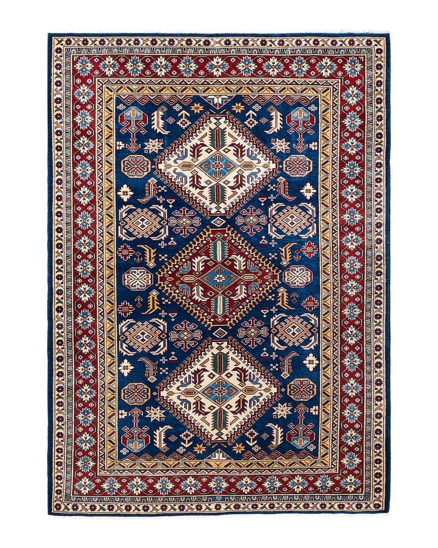 One of a Kind Hand Made Tribal Tribal Wool Area Rug Blue 5 X 7