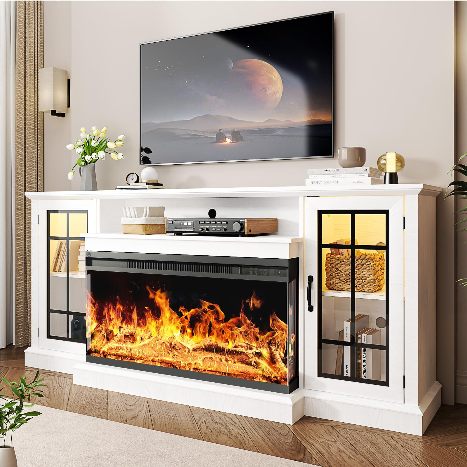 Oneinmil 36 Inch Fireplace TV Stand for TVs up to 80", LED Light Entertainment Center with 3-Sided Glass Fireplace, TV Console, White