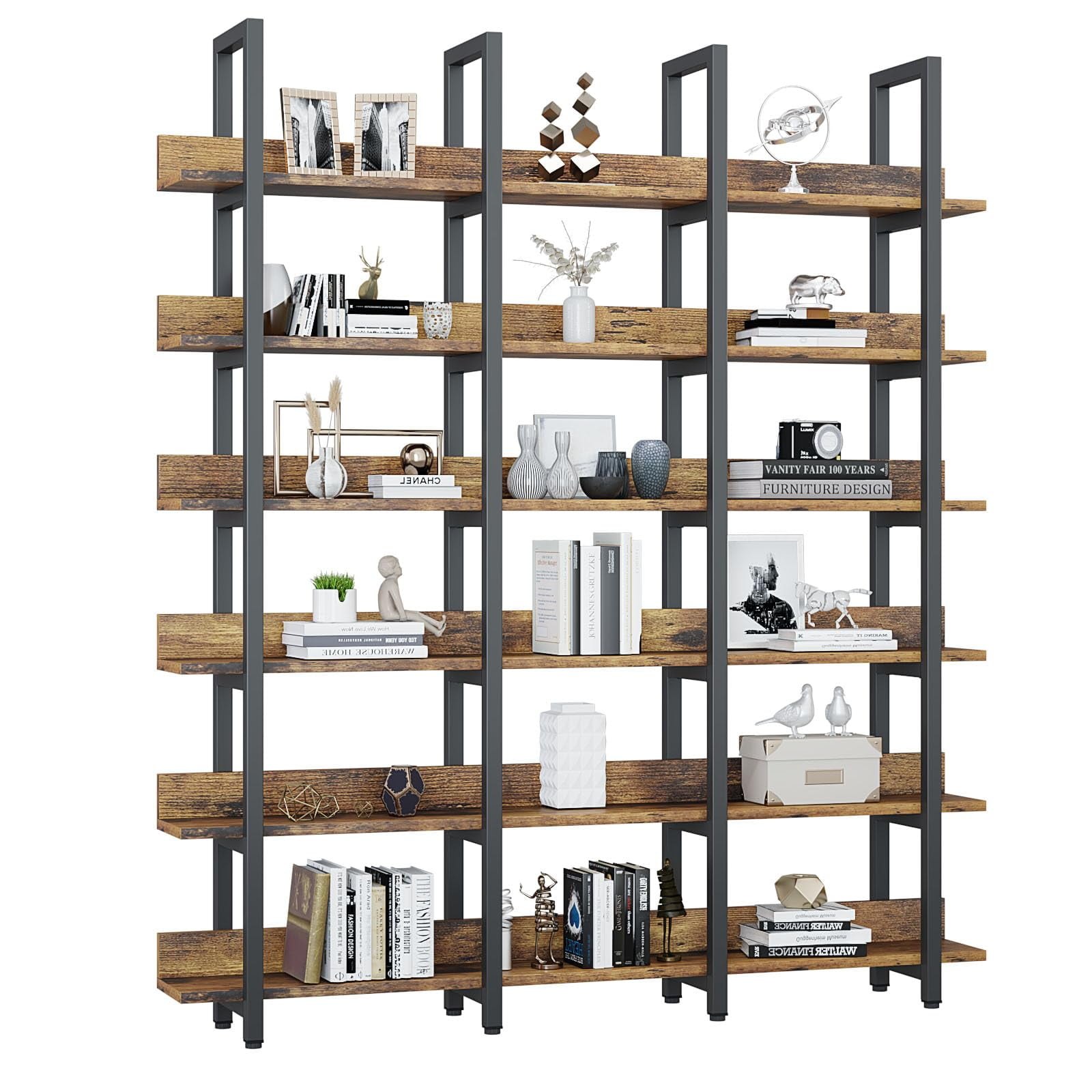 Oneinmil Bookcase and Bookshelves Triple Wide 6 Tiers Large Open Shelves, Vintage Bookcase for Office Home Decoration, Easy to Assemble, Classical Brown