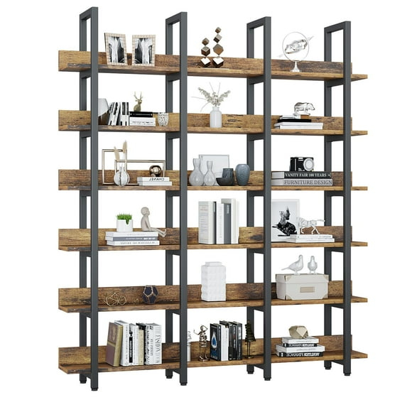 Oneinmil Bookcase and Bookshelves Triple Wide 6 Tiers Large Open Shelves, Vintage Bookcase for Office Home Decoration, Easy to Assemble, Classical Brown