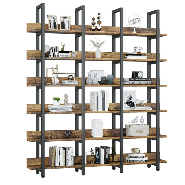 Oneinmil Bookcase and Bookshelves Triple Wide 6 Tiers Large Open Shelves, Vintage Bookcase for Office Home Decoration, Easy to Assemble, Classical Brown
