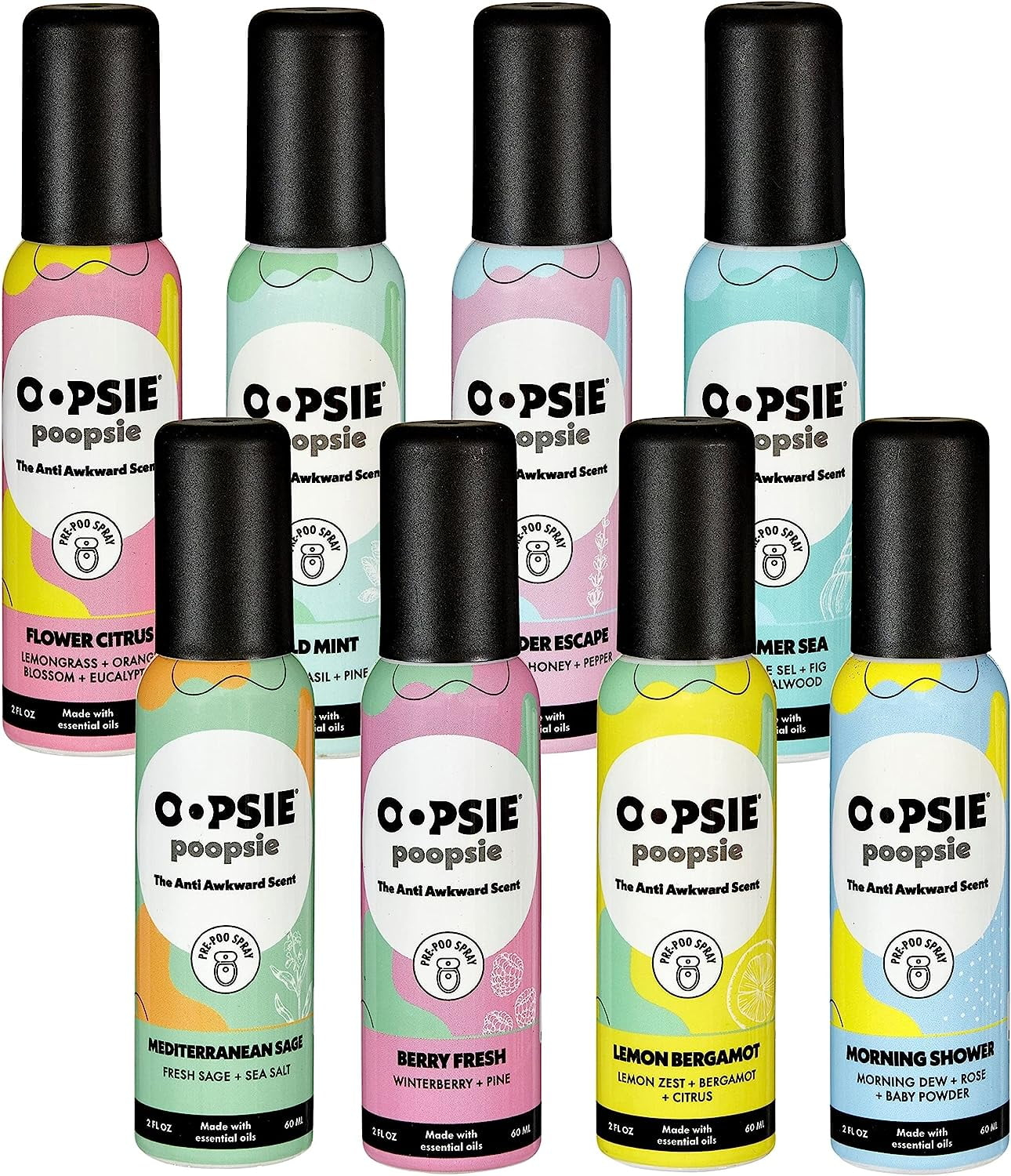 Oopsie Poopsie Pre-Poo toilet spray, discreet & portable original odor deodorizer scents. Pocket-friendly pre-poo spray to use on the go 2oz 8-bottle variety pack for 8-distinct aroma experience
