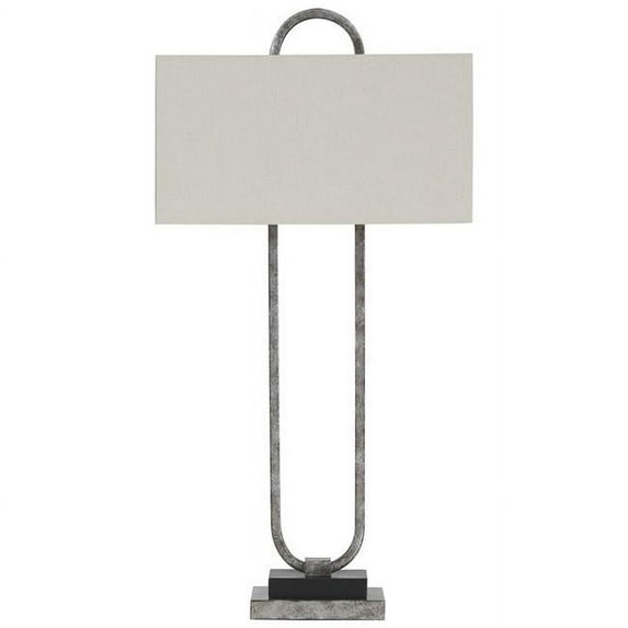 Open Capsule Metal Body Table Lamp with Fabric Drum Shade, Gray & White