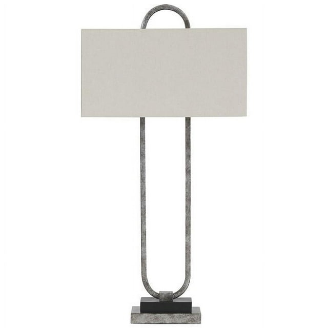 Open Capsule Metal Body Table Lamp with Fabric Drum Shade, Gray & White