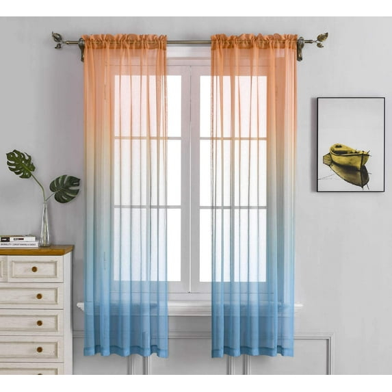 Orange Teal Ombre Sheer Curtains for Kids playroom 2 Panels Rod Pocket Bedroom Window Semi Voile Drapes Faux Linen Décor Girls Livingroom Room Decoration Party 84 Inch Long