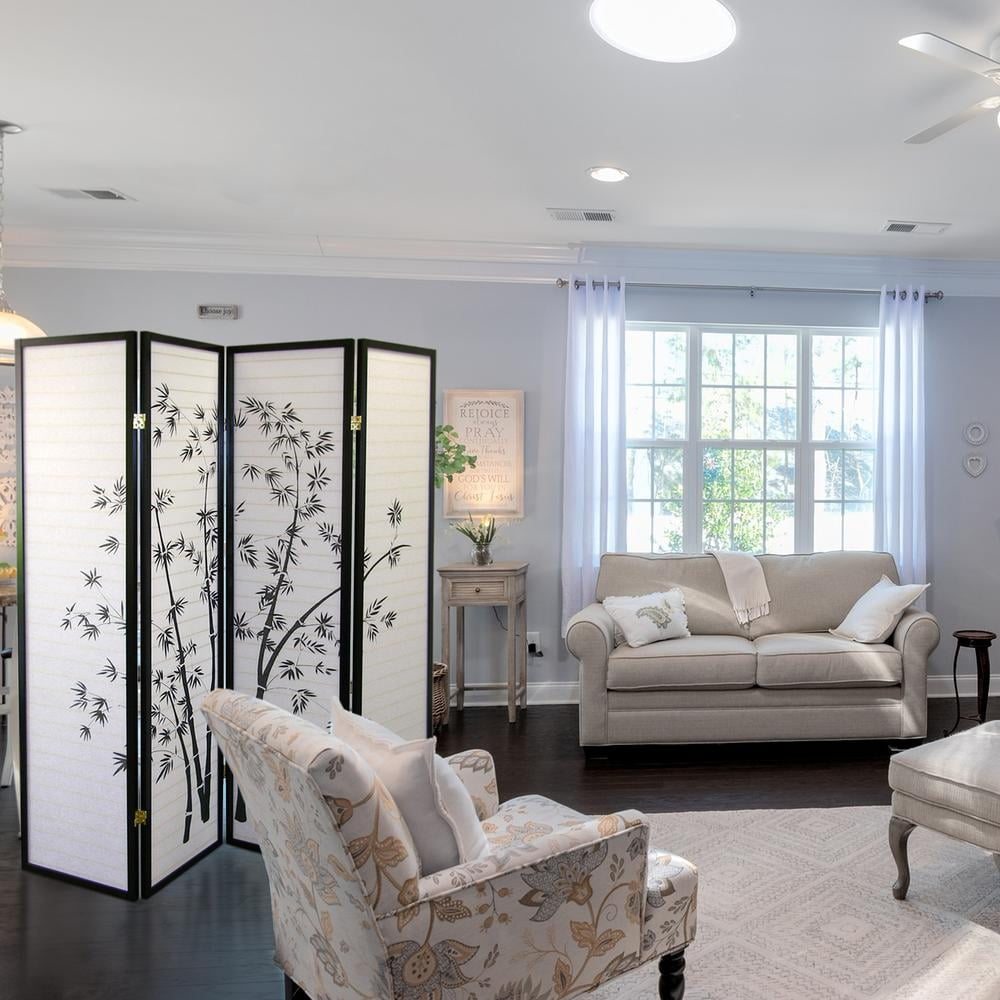 4 Panel Room Divider Bamboo - Ore International: Hardwood Spruce Frame, Botanical Floral Tree Design, No Assembly Required