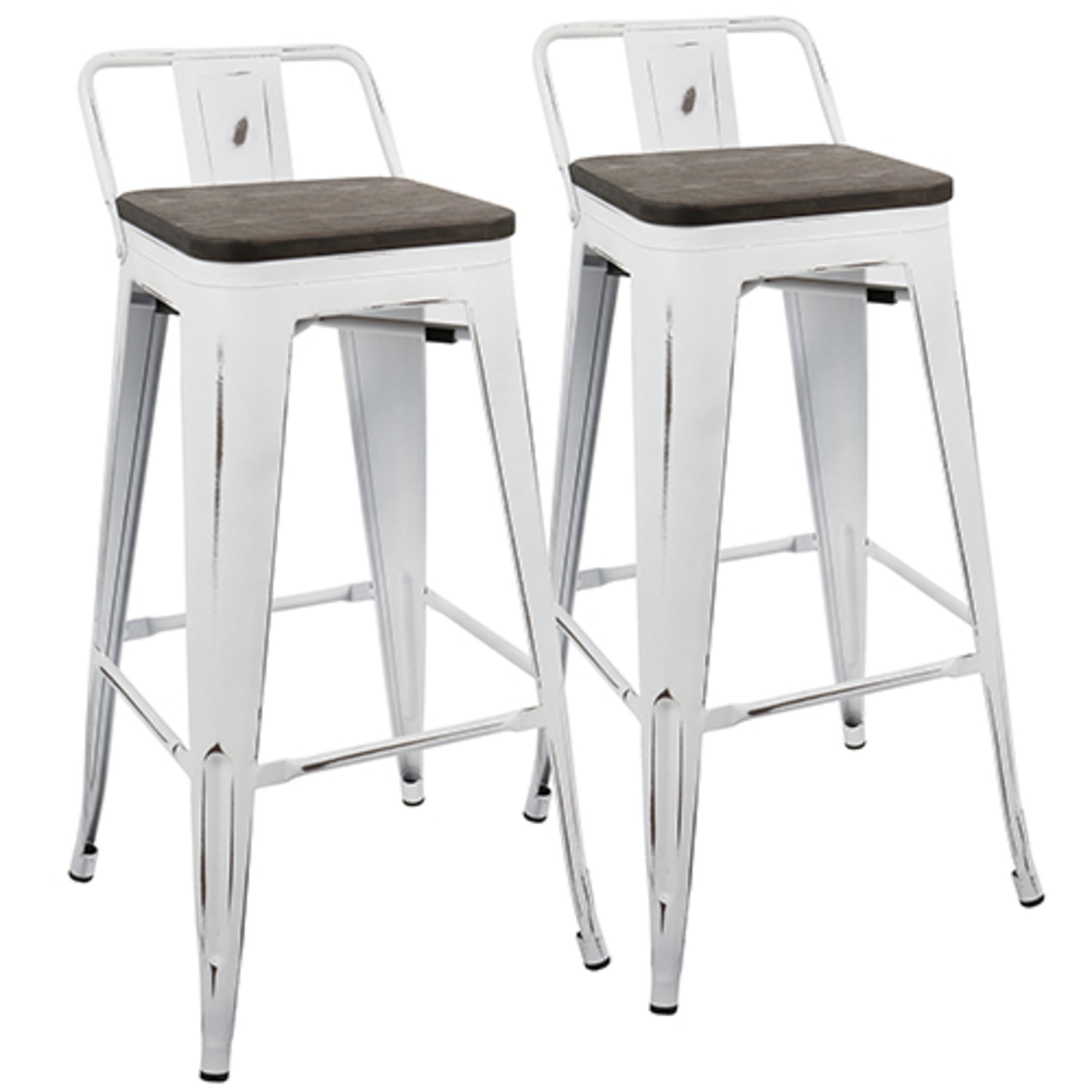 Vintage White Steel and Bamboo 35.7" Industrial Stool