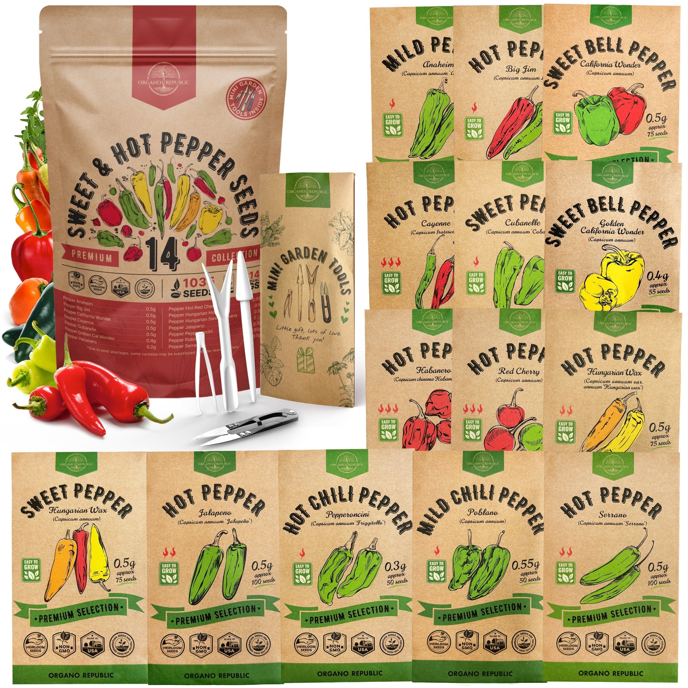 Organo Republic 14 Sweet & Hot Peppers Seeds Variety Pack - 1,030+ Non-GMO Heirloom Pepper Seeds
