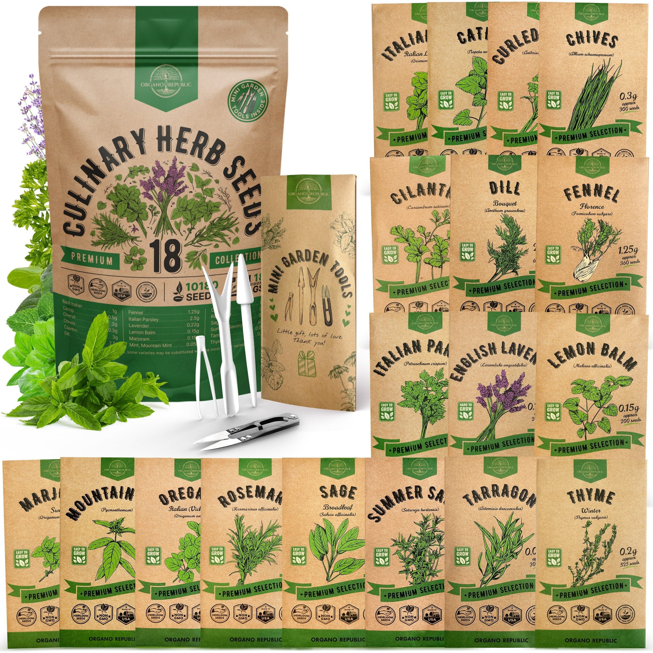 Organo Republic 18 Culinary Herbs Seeds Variety Pack - 10,180+ Heirloom, Non-GMO, Herbs Seeds