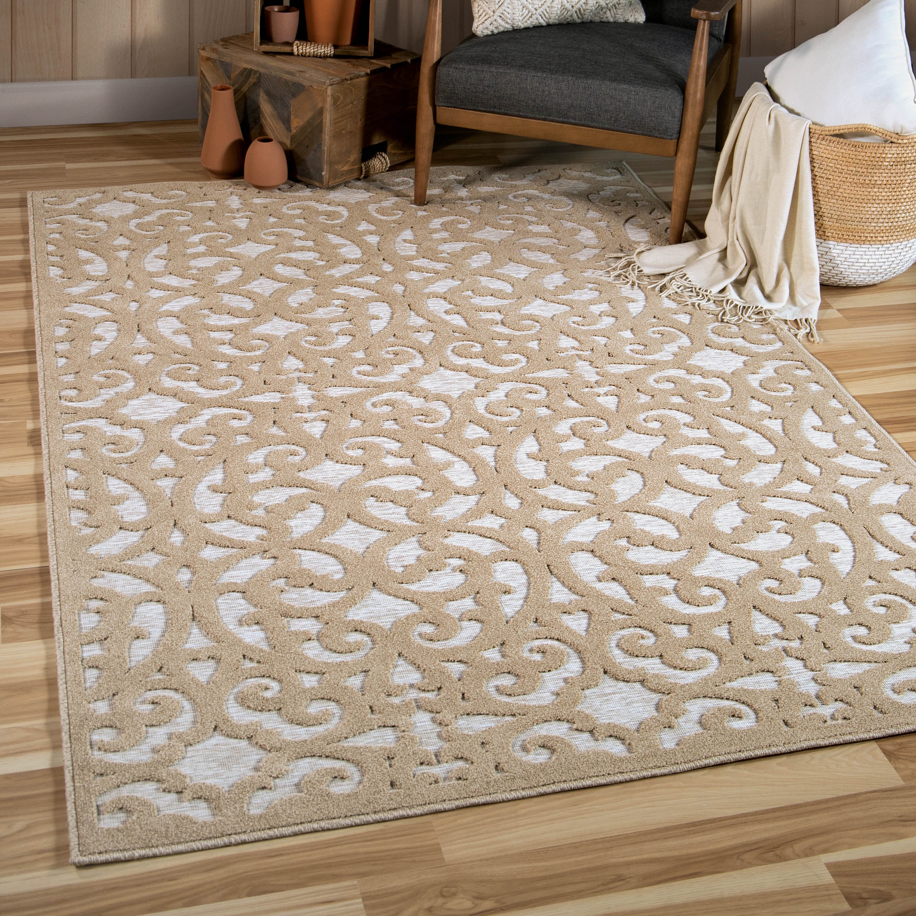 Orian Boucle Seaborn 5'2" X 7'6" Driftwood Damask High Low Outdoor Rug