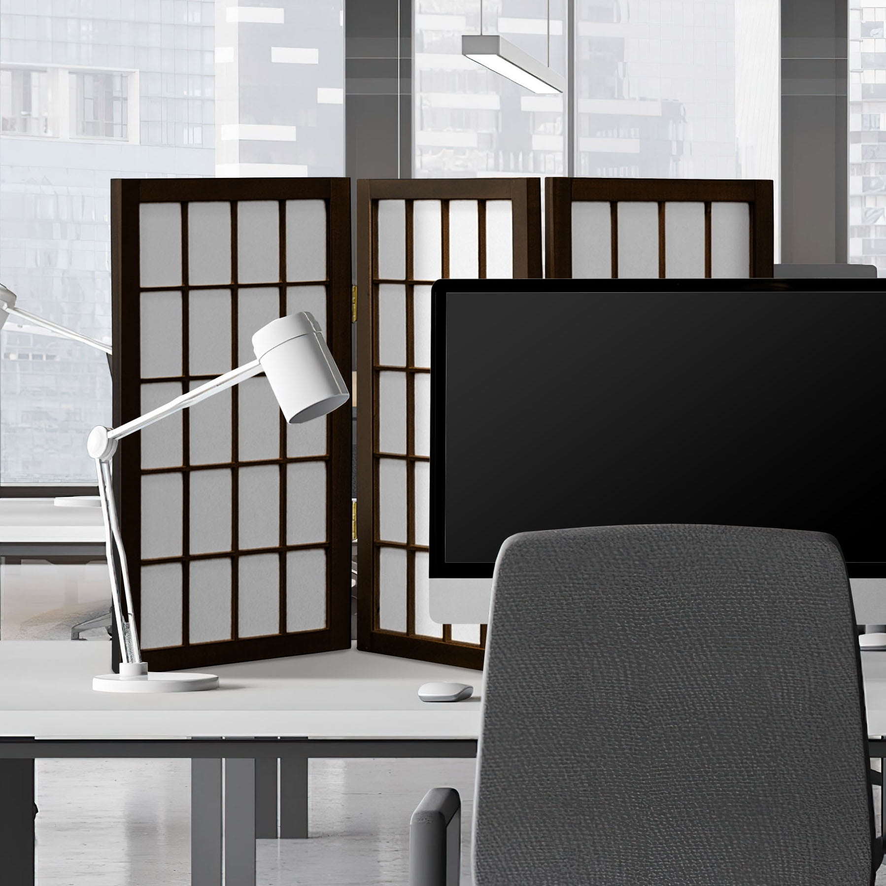 Oriental Furniture 2 ft. Tall Desktop Window Pane Screen - Walnut - 3 Panel