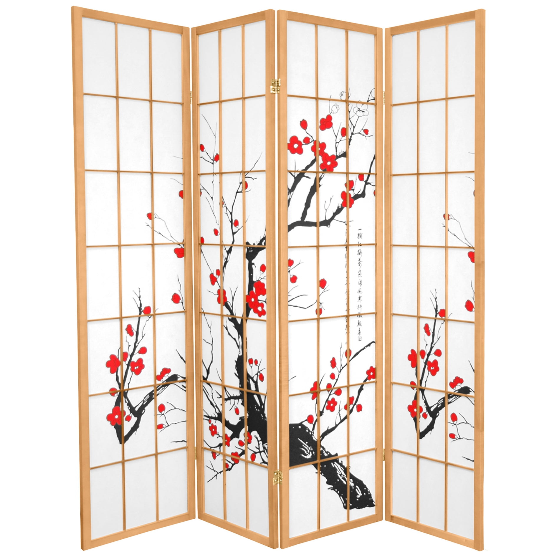Oriental Furniture 6 Ft Tall Flower Blossom Room Divider, natural color, 4 panel