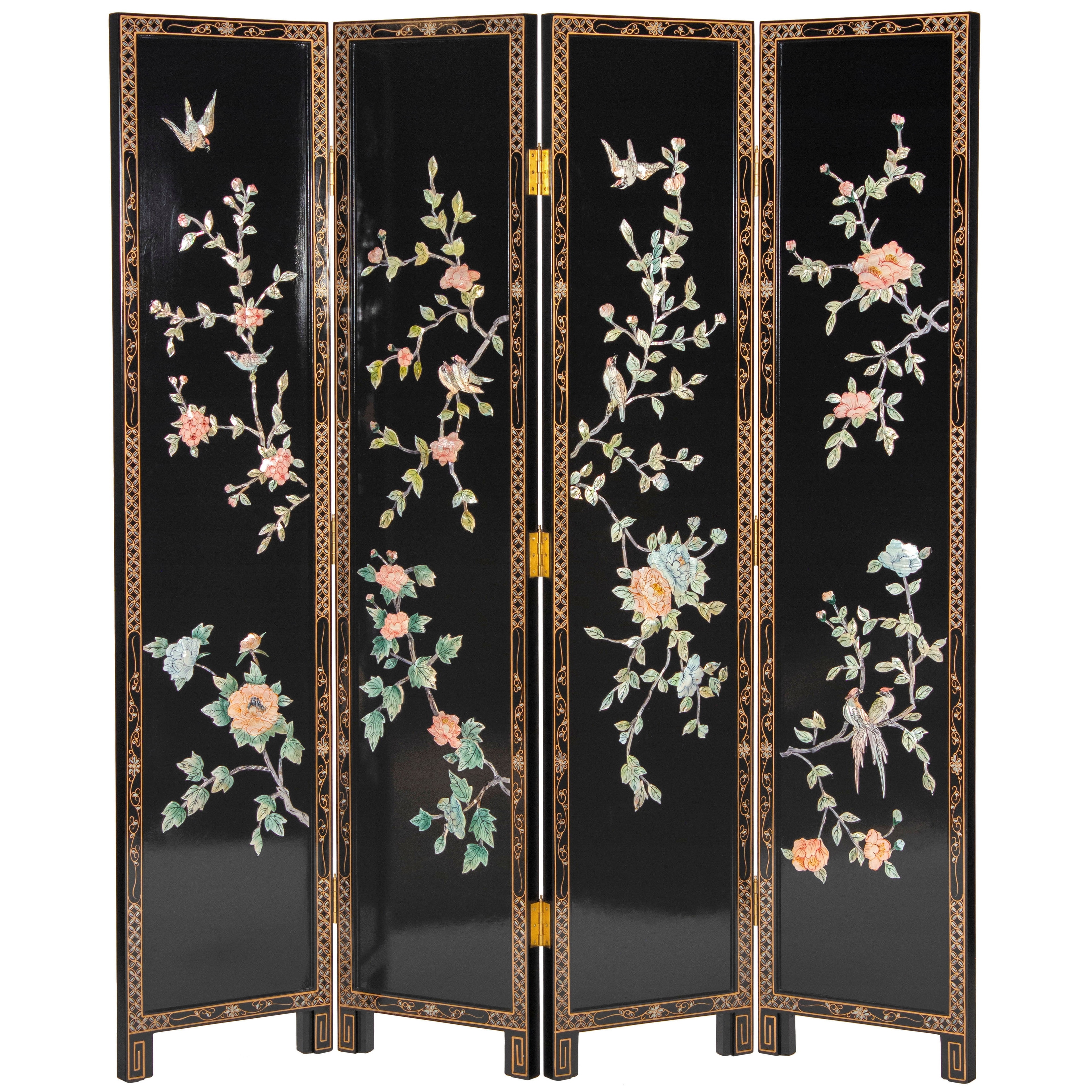 Oriental Furniture 6 ft. Tall Lacquer Birds and Flowers Room Divider - 4 Panel