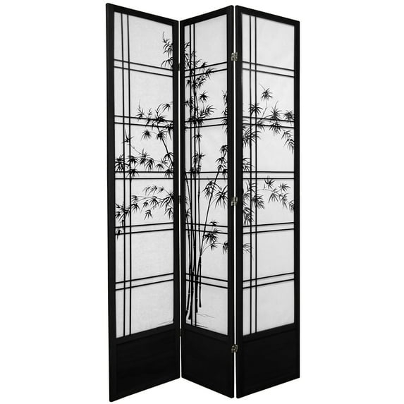 Oriental Furniture 7 Ft Tall Double Cross Bamboo Tree Shoji Screen, 3 panel, black