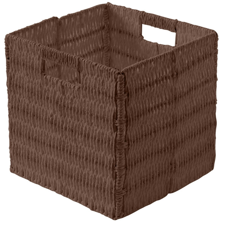 Ornavo Home Wicker Storage Cubes Bin, 10.5 Inch Storage Shelf Basket Collapsible Natural Hand Woven Paper Storage Cube Bin with Handles - Set of 2, Brown